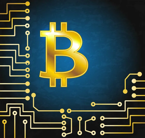 Mynt bitcoin på elektronisk krets bakgrund. Krypto valuta. — Stock vektor