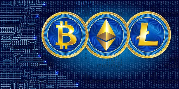 Virtuella mynt bitcoin, litecoin och ethereum symboler — Stock vektor