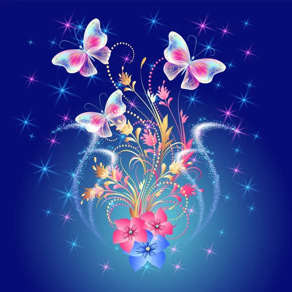Mariposas de fantasía con fuegos artificiales brillantes y adornos florales — Vector de stock
