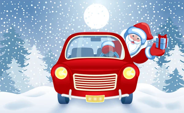 Carte de Noël avec le Père Noël en voiture rouge avec boîte cadeau contre — Image vectorielle