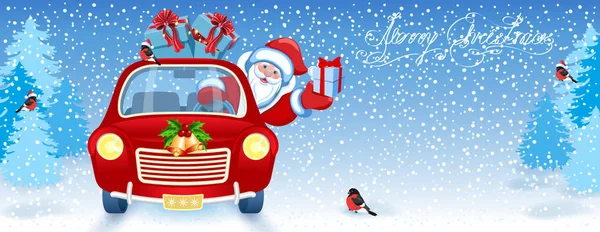 Carte de Noël avec le Père Noël en voiture rouge avec boîte cadeau contre — Image vectorielle