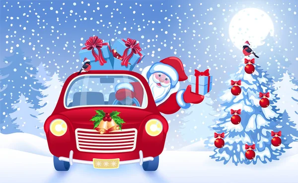 Kartki świąteczne z Santa Claus w czerwony samochód z szkatułce przed — Wektor stockowy