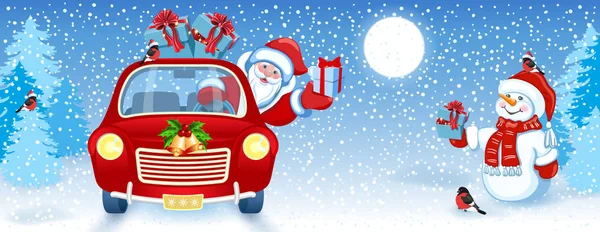 Різдвяна листівка з Санта-Клауса в червоний автомобіль з подарунковій коробці і сніжинки і — стоковий вектор