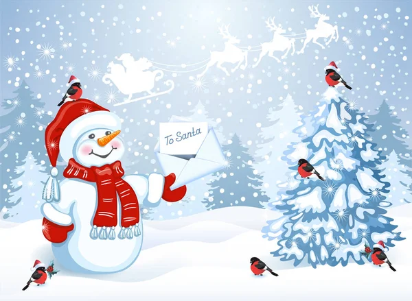 Kerstkaart met grappige sneeuwpop in Santa cap met Kerstmis le — Stockvector