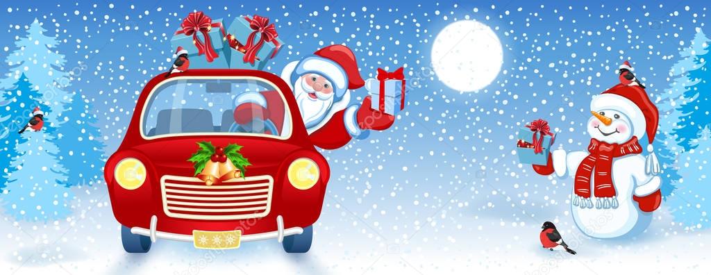 Christmas card with Santa Claus in red car with gift box and Sno