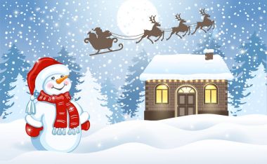Noel kartı w karşı komik kardan adam ve Noel Baba'nın atölye ile