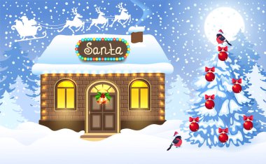Noel kartı tuğla ev ve Noel Baba'nın atölye karşı kazanmak ile