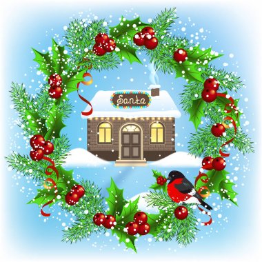 Noel kartı çelenk, tuğla ev ve Noel Baba'nın Atölyesi