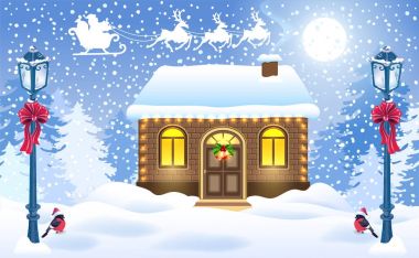 Noel kartı tuğla ev ve Noel Baba'nın atölye karşı kazanmak ile