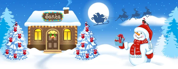 Carte de Noël avec bonhomme de neige, maison en brique et atelier du Père Noël ag — Image vectorielle