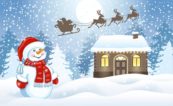 Biglietto di Natale con divertente pupazzo di neve e laboratorio di Babbo Natale contro w — Vettoriale Stock