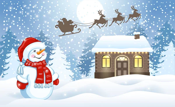 Noel kartı w karşı komik kardan adam ve Noel Baba'nın atölye ile