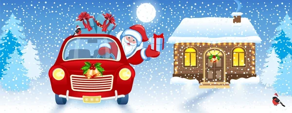 Tarjeta de Navidad con Papá Noel en coche y casa y la varita de Papá Noel — Vector de stock