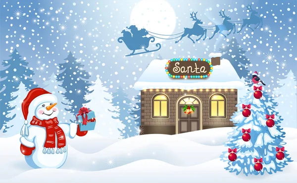 Kartki świąteczne z bałwana i Santa's workshop przeciwko lasu — Wektor stockowy