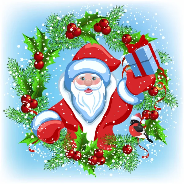 Tarjeta de Navidad con Santa Claus con caja de regalo y wre decorativo — Vector de stock