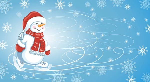 Tarjeta de Navidad con muñeco de nieve en la gorra de Santa y en patines sobre patines — Archivo Imágenes Vectoriales