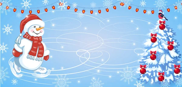 Tarjeta de Navidad con muñeco de nieve divertido en la tapa de Santa y en patines en — Vector de stock