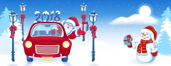 Biglietto natalizio con Babbo Natale in auto rossa con confezione regalo e Sno — Vettoriale Stock