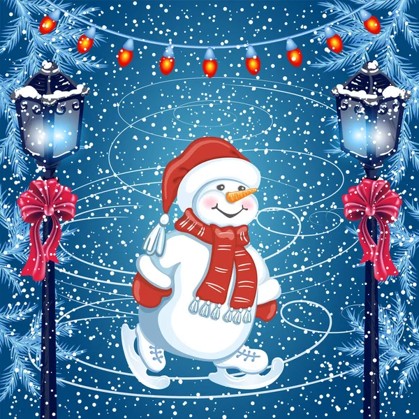 Snowman skating on rink in Santa Claus hat and vintage streetlam — Stock Vector