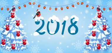 Noel kartı yazıt 2018 ve köknar ağacı ile kırmızı top