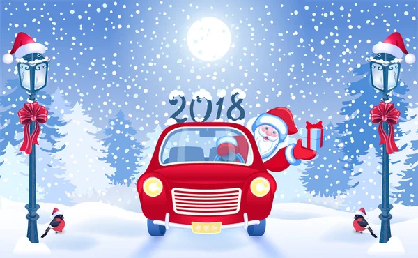 ギフト ボックスと vin が赤い車でサンタ クロースとクリスマス カード — ストックベクタ
