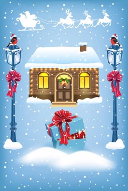 Noel kartı ile Noel Baba atölye ev ve vintage stree