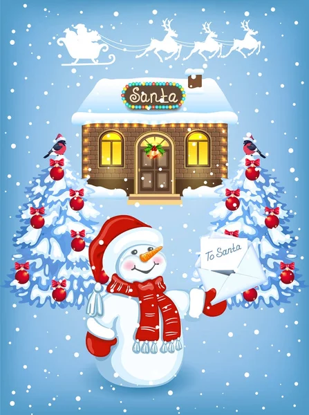Cartão de Natal com boneco de neve com carta de Natal para Papai Noel — Vetor de Stock