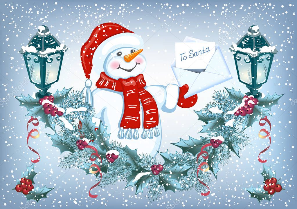Christmas card with funny Snowman with Christmas letter for Sant