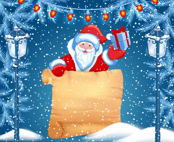 Santa Claus tiene pergamino para anunciar descuentos, ventas o un — Archivo Imágenes Vectoriales