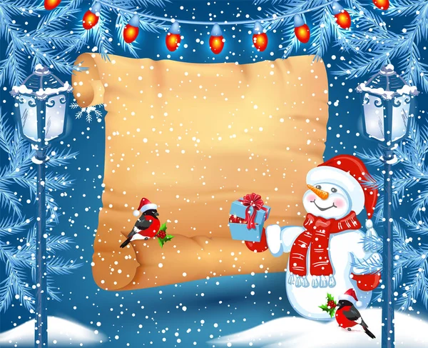 Legrační sněhulák v Santa klobouk drží pergamen pro reklamu discoun — Stockový vektor