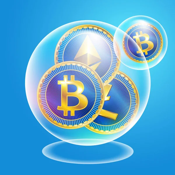 Krypto valuta mynt bitcoin, ethereum och litecoin i tvål bub — Stock vektor