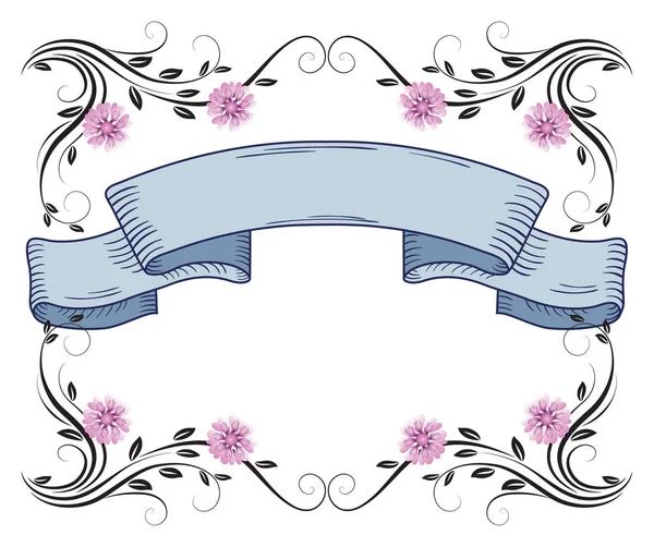 Cadre floral d'ornement et ruban vintage — Image vectorielle
