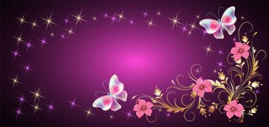 Floral ornament frame with magic butterflies for decorative gree clipart
