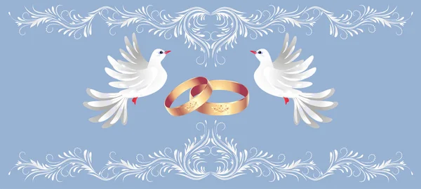 Цветочные декоративные рамки, золотые кольца и два голубя для украшения — стоковый вектор