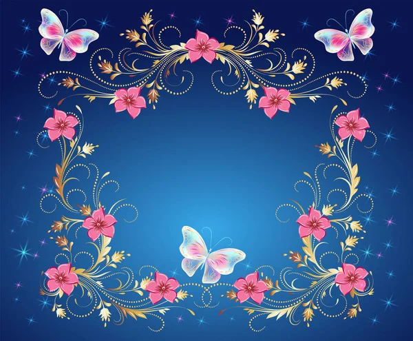 Magia motyle ornament złoty i świecące gwiazdy — Wektor stockowy