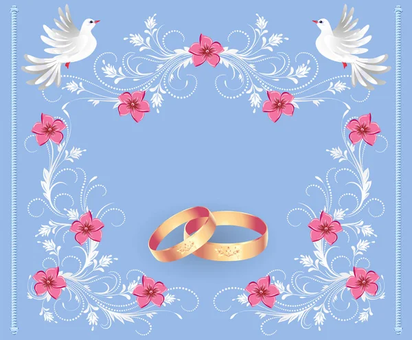 Moldura de ornamento floral, anéis dourados e duas pombas para decoração — Vetor de Stock