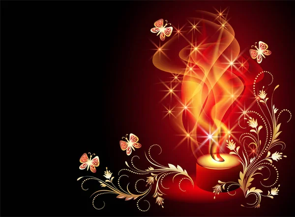 Burning candle with golden and butterflies — Stock Vector