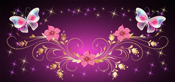 Dekoratif gree için sihirli kelebekler çiçek süsleme çerçeveyle — Stok Vektör