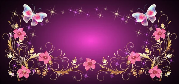 Květinový ornament rám s kouzelné motýli pro dekorativní gree — Stockový vektor