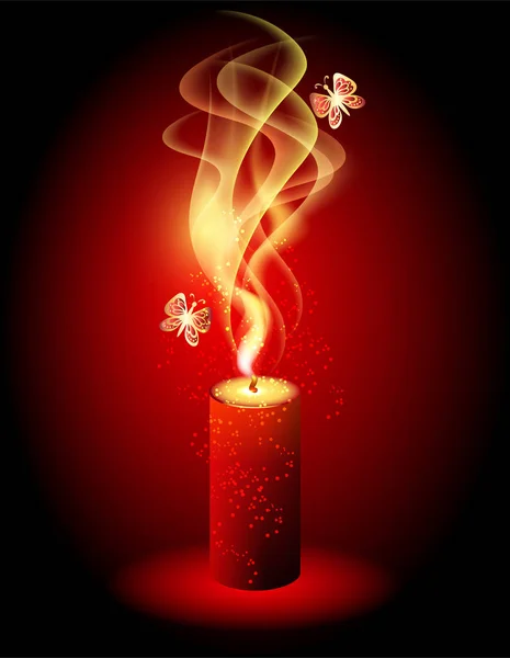 Burning candle with mysterious smoke and fairy magic butterflies — Stock Vector