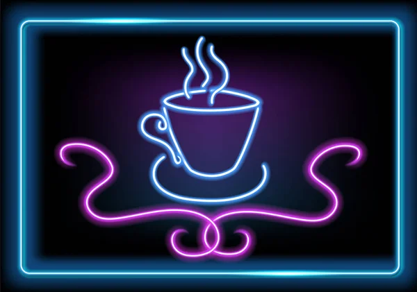 Neon signboard with coffee or tea cup for advertising cafe, coff — Stock Vector