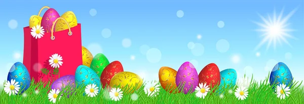 Uova di Pasqua con ornamento dorato su erba e sacchetto di carta eco — Vettoriale Stock