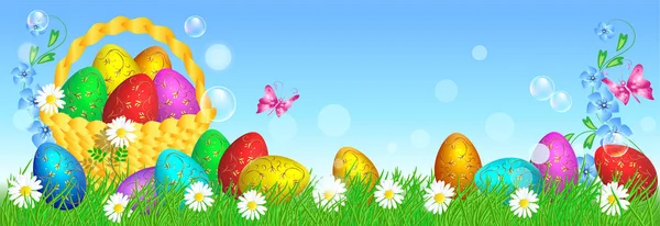 Çim ve sepeti dekoratif altın süsleme ile Paskalya yumurtaları — Stok Vektör