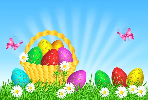 Velikonoční vajíčka s dekorativní zlatý ornament na trávu a nákupní košík — Stockový vektor