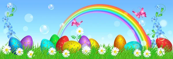 Ovos de Páscoa com ornamento dourado estão na grama contra o arco-íris — Vetor de Stock