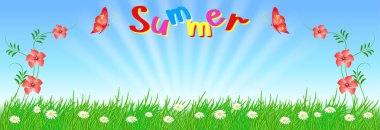 Güneş rayns gökyüzünde, çayır çiçek ve yeşil çimen