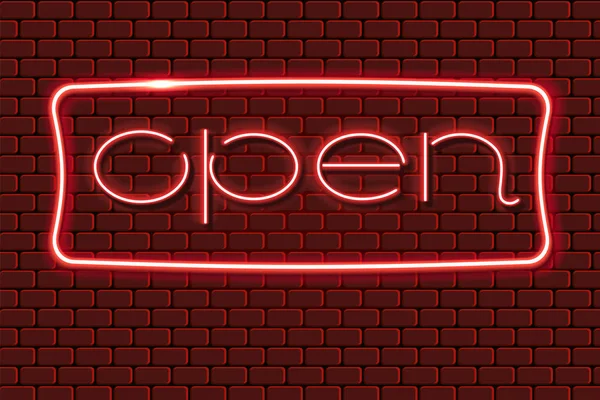 Neon text "Open" in luminous frame on brick wall — Stock Vector