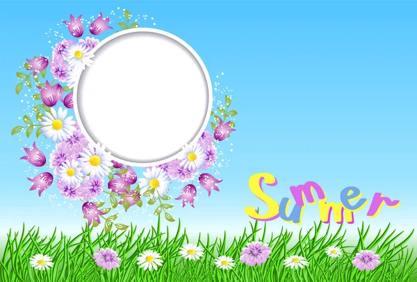 Summer landscape with round frame in the sky, meadow flowers and — Stock Vector
