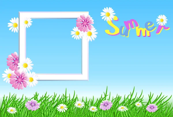 Paisaje de verano con marco en el cielo, flores de prado y gras — Vector de stock