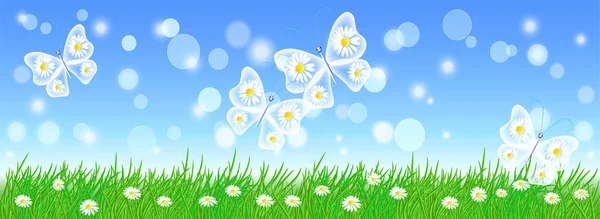 Paisaje de verano con mariposas de hadas, flores de prado y gree — Vector de stock